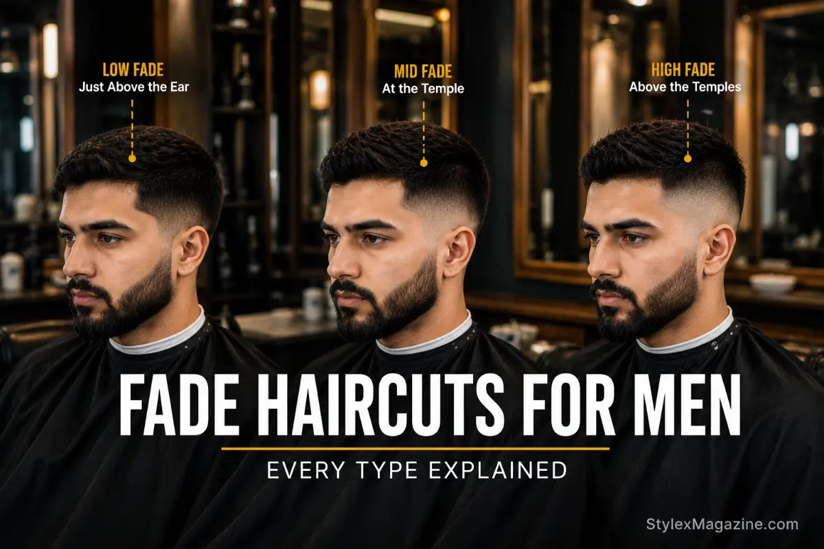 Fade haircuts for men showing all seven fade types side by side in a professional barbershop setting