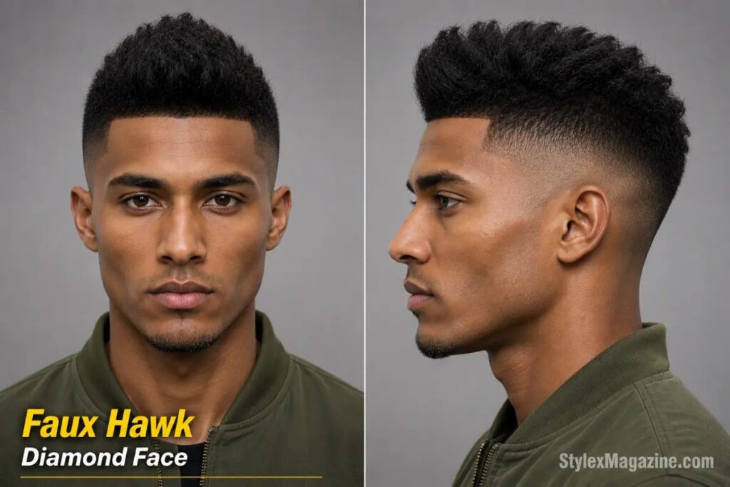 Faux hawk on diamond face shape showing center volume with mid fade adding height above cheekbone level
