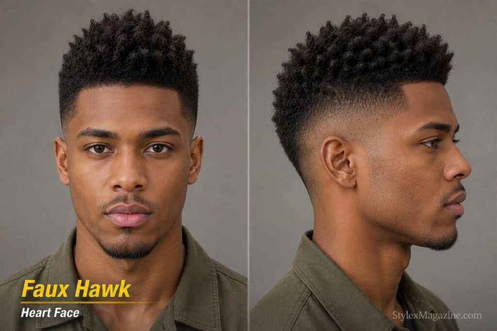 Faux hawk on heart face showing central volume strip with mid fade adding height above forehead level
