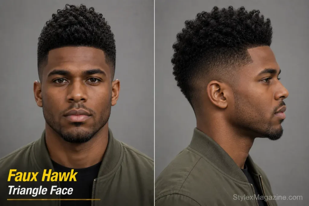 Faux hawk on triangle face showing central volume strip drawing eye upward from wide jaw