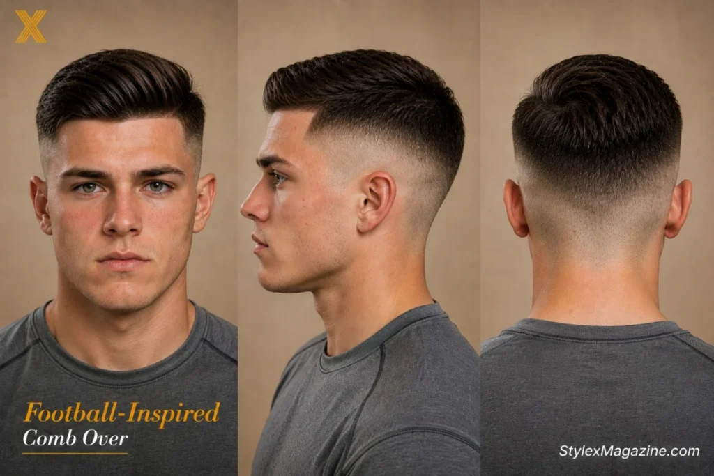 Football inspired comb over showing high fade with sharp line-up and bold contrast