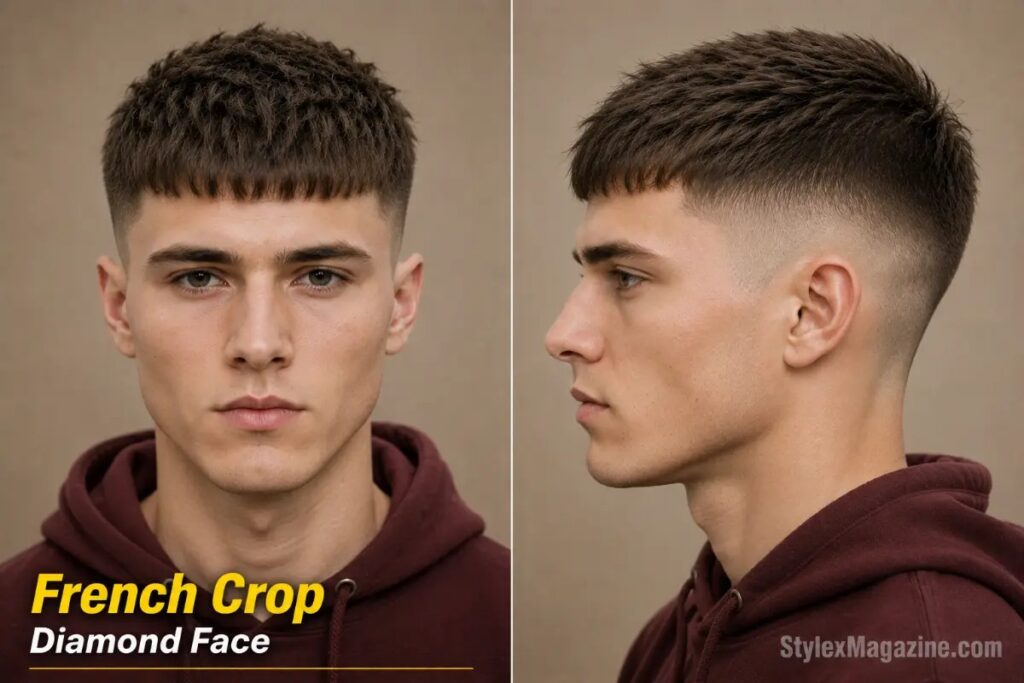 French crop on diamond face shape showing forward pushed fringe with mid fade and scissor cut texture