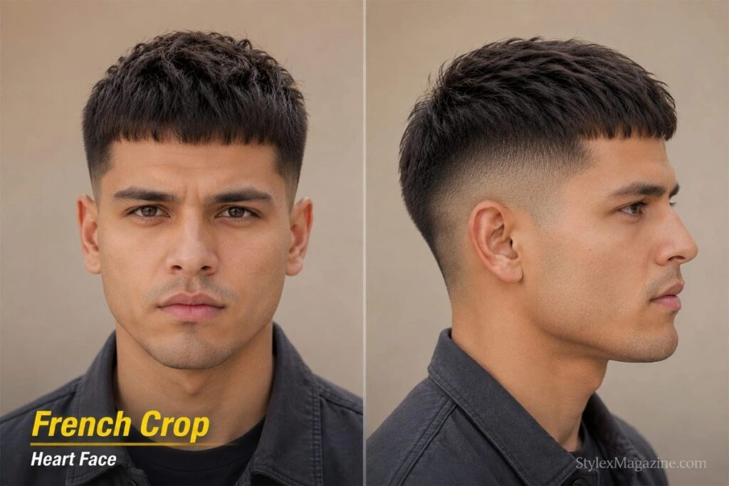 French crop on heart face showing short horizontal fringe creating visual break across wide forehead