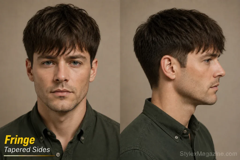 Fringe with tapered sides on heart face showing longer soft fringe with fuller tapered sides at jaw