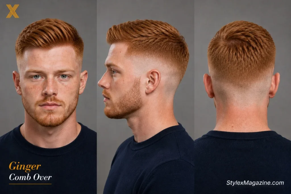 Ginger red hair comb over showing textured top with visible fade contrast against lighter hair tone