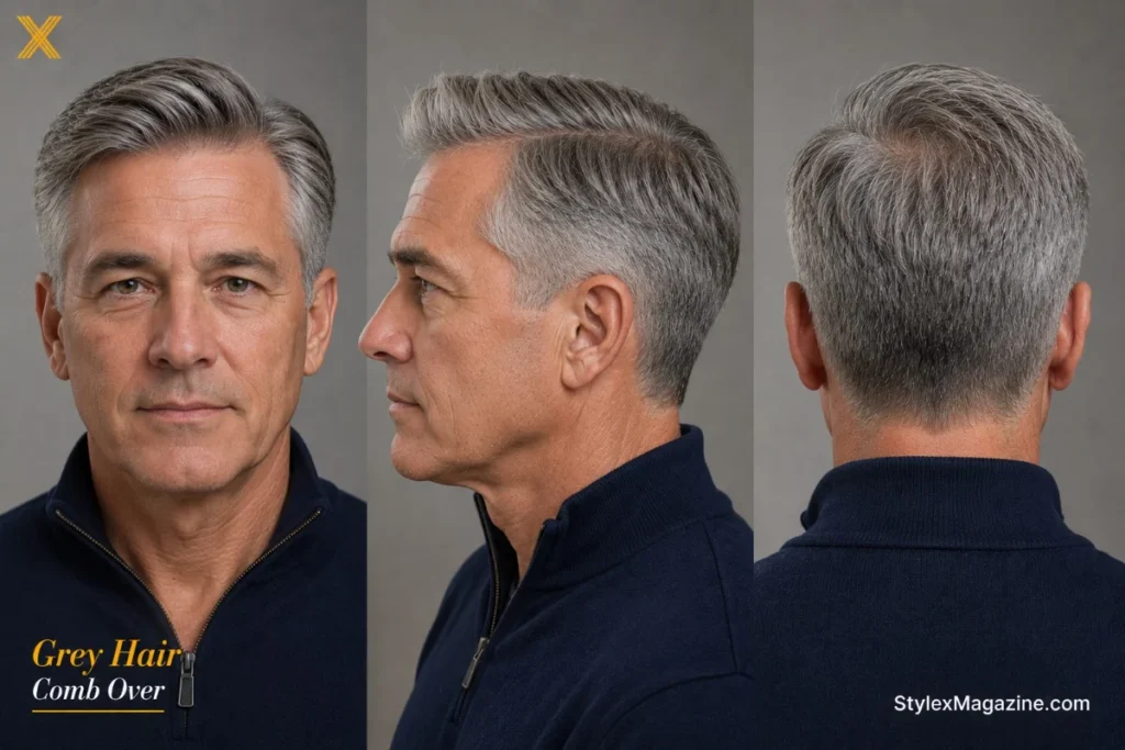 Grey hair comb over showing distinguished salt and pepper texture with low taper sides