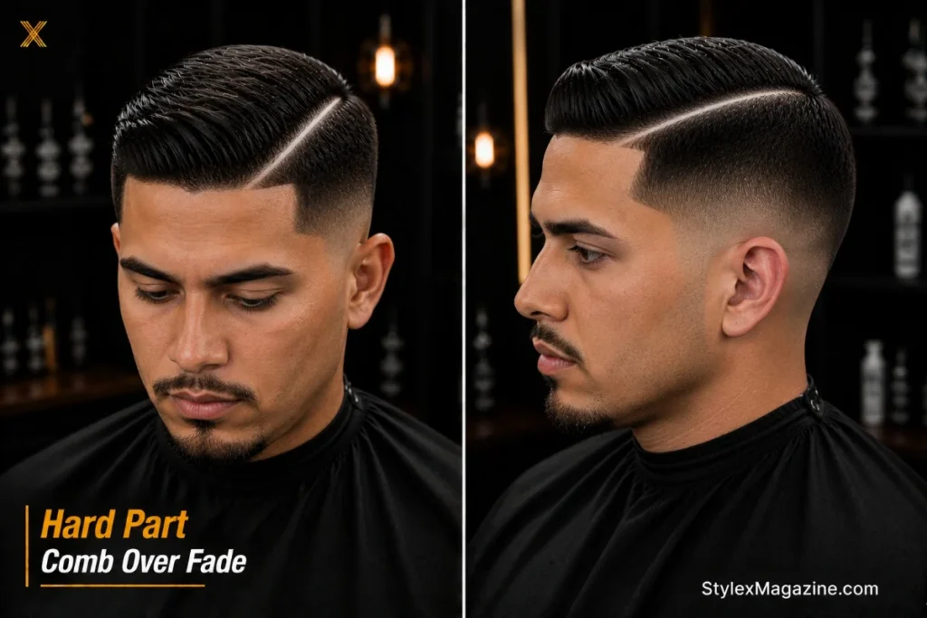 Hard part comb over fade showing razor-shaved white line at parting clearly visible through hair