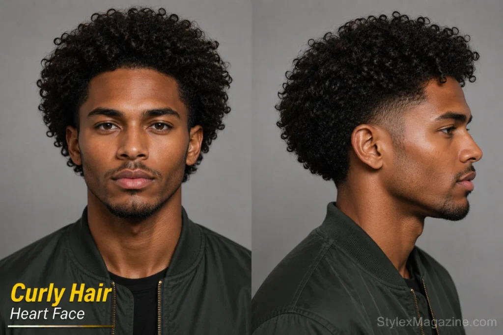  Heart face shape with curly hair showing natural curl volume adding jaw width with low taper sides