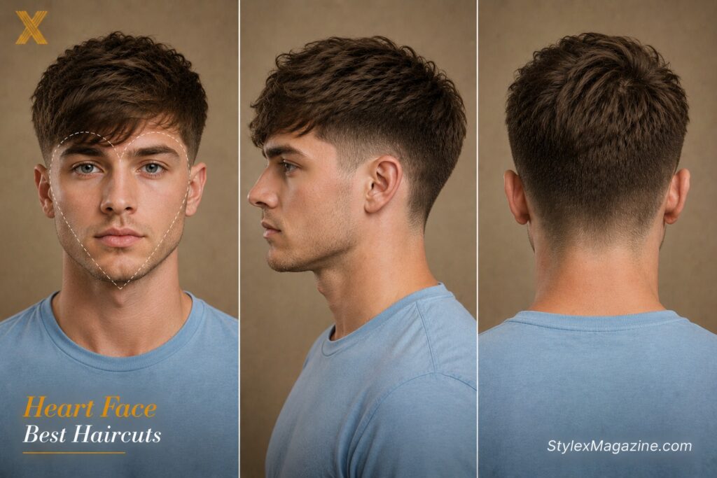 Heart face shape haircut showing wider forehead and narrow chin balanced by side-swept fringe and low fade