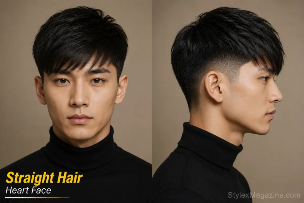 Heart face shape with straight hair showing precise fringe lines and point cut texture