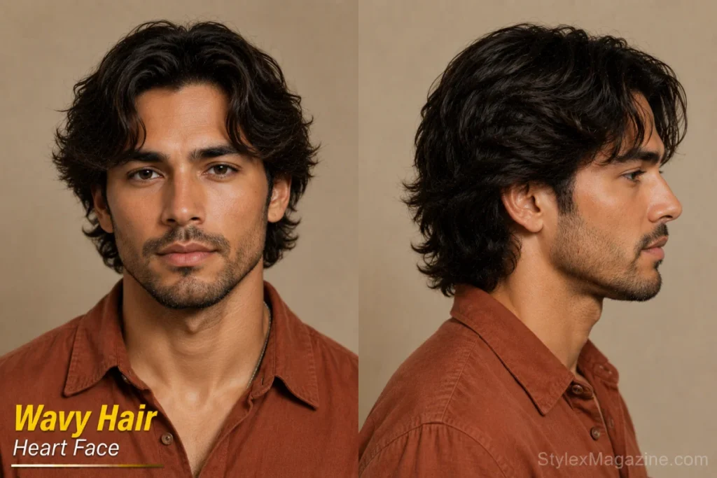 Heart face shape with wavy hair showing natural wave adding jaw level width and forehead softness