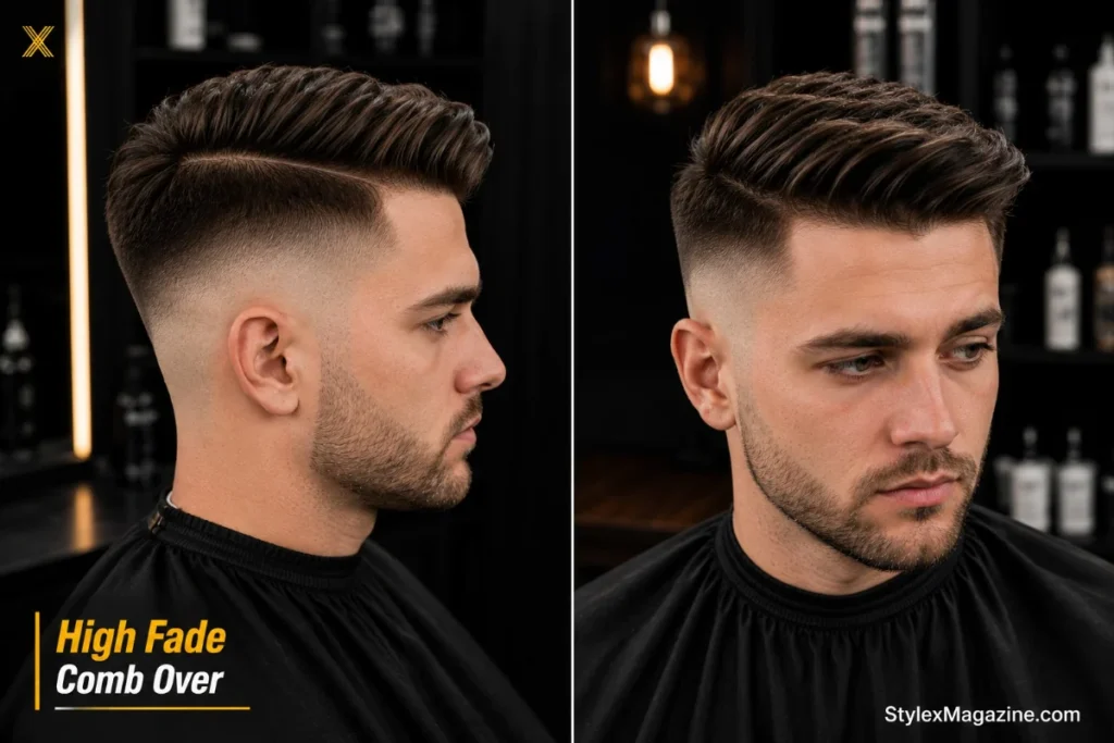 High fade comb over with fade above temples showing maximum skin on sides and full swept top