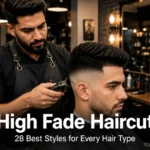 High fade haircut featured image showing professional barber giving a fresh high fade to a client with dense hair in a barbershop