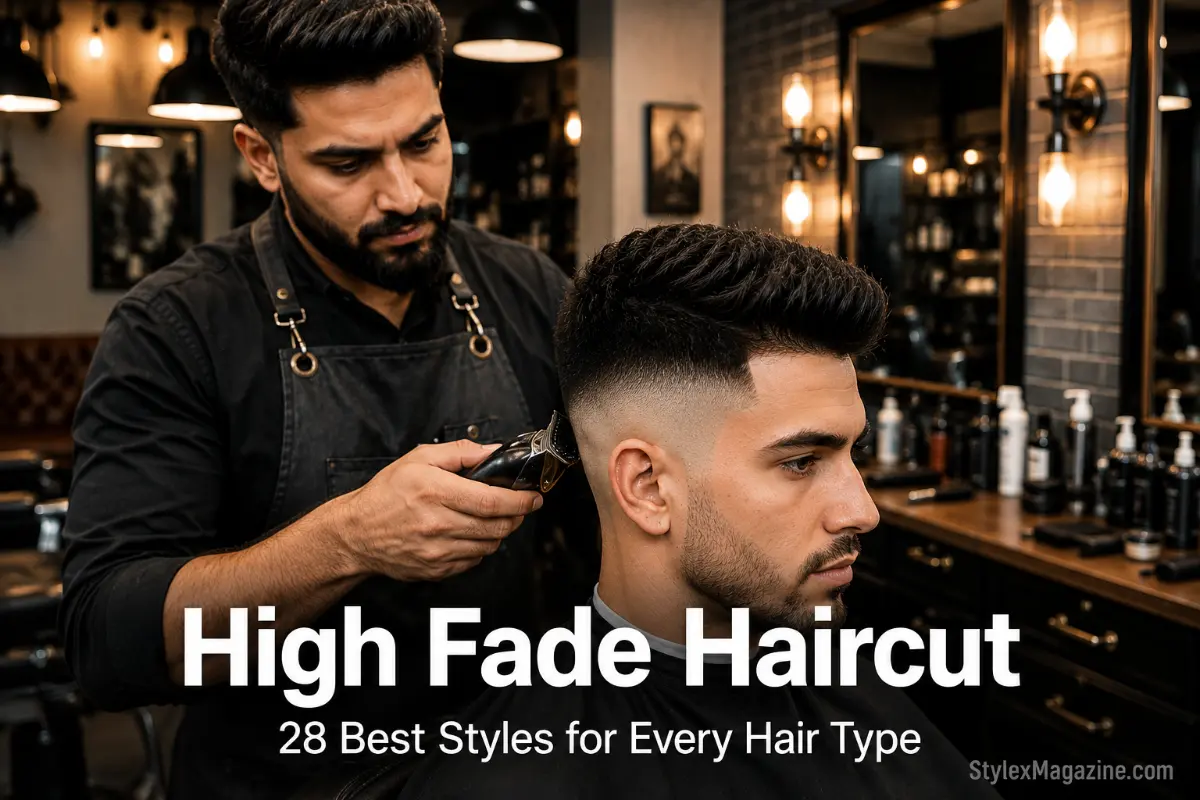 High Fade Haircut: 28 Best Styles for Every Hair Type High fade haircut featured image showing professional barber giving a fresh high fade to a client with dense hair in a barbershop