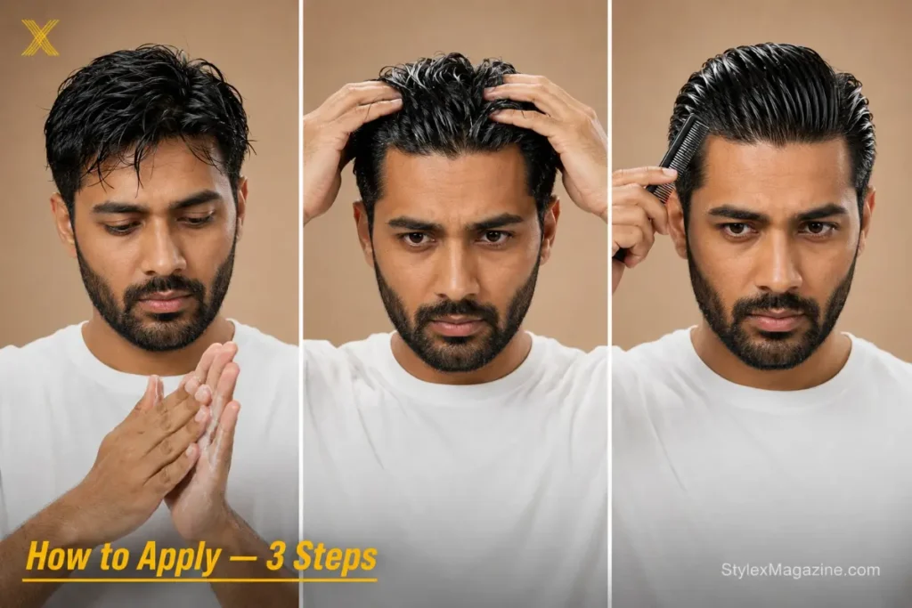 Step by step slick back application showing man warming pomade between palms and combing hair straight back on damp hair