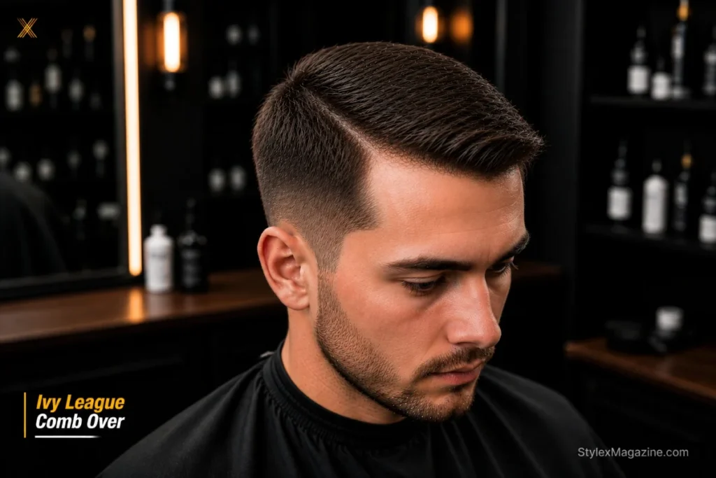  Ivy League comb over at 1.5 to 2 inches on top with soft natural side part and tapered sides