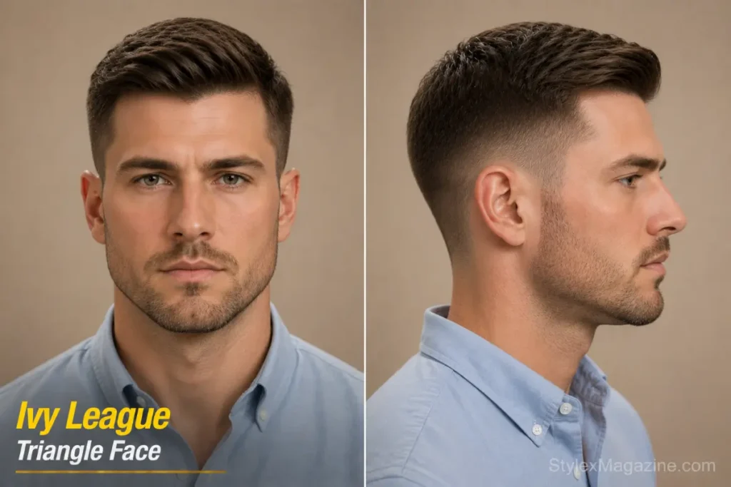 Ivy League haircut on triangle face showing 1.5 to 2 inches on top with soft side sweep and low mid fade