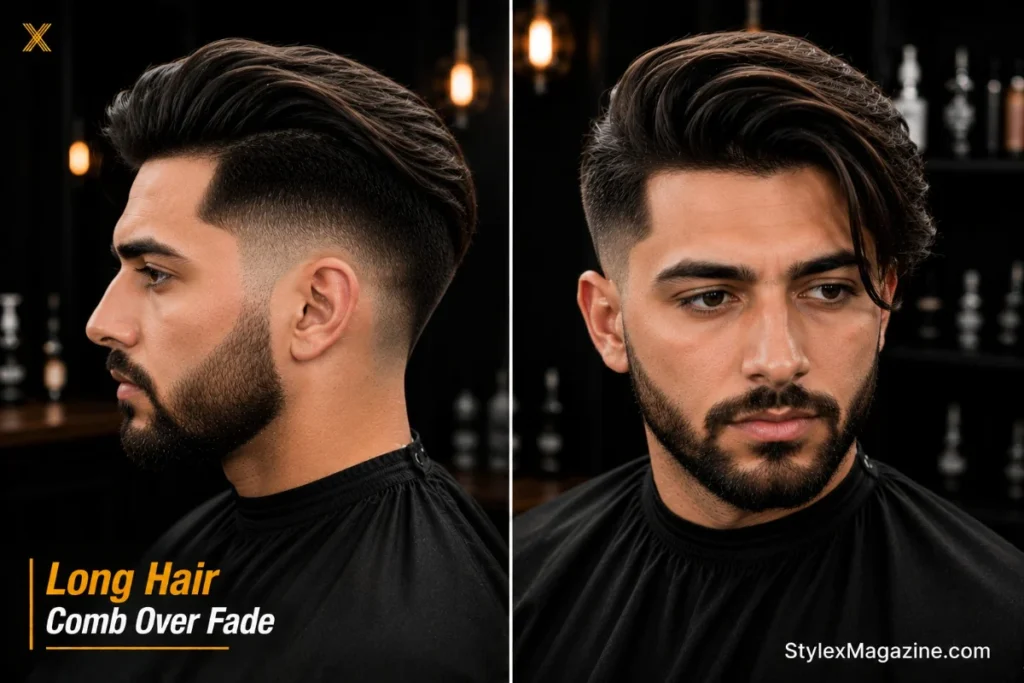 Long comb over fade with 4 plus inches sweeping dramatically to one side with mid fade sides