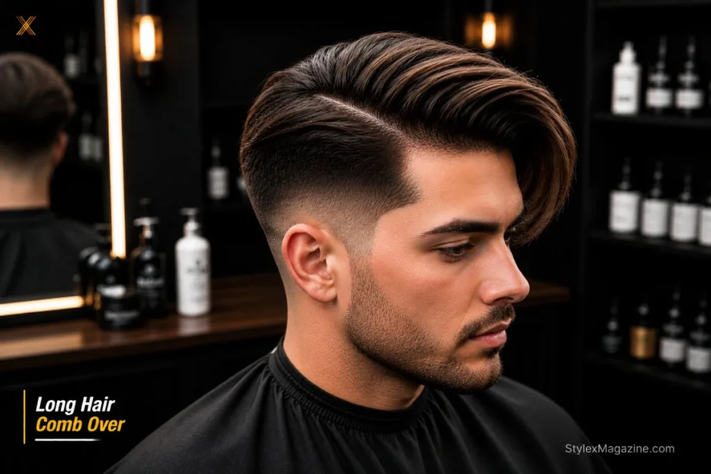 Long comb over with 4 plus inches sweeping dramatically to one side with mid fade balancing the length