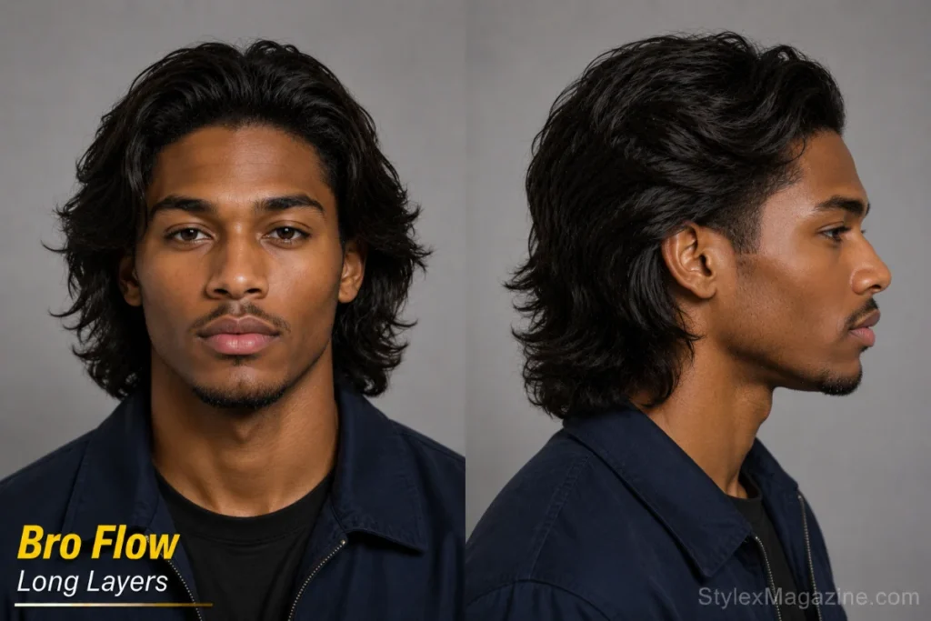 Bro flow long layers on heart face showing grown out natural layers adding jaw and chin level weight