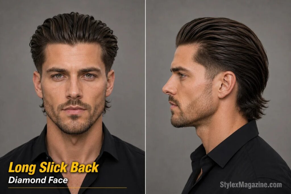 Long slick back on diamond face showing hair swept straight backward drawing eye vertically away from cheekbones