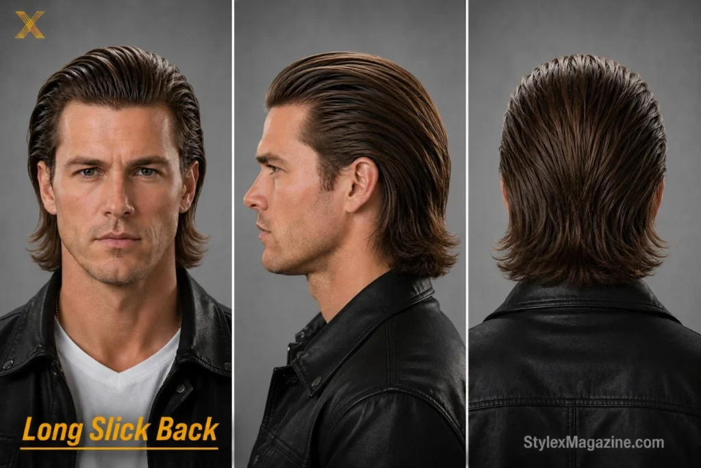 Long slick back on a white man with oblong face, 6-inch hair swept back with pomade, low taper sides