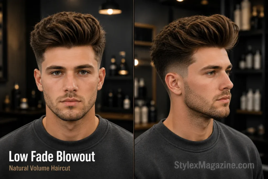 Low fade blowout haircut with thick wavy hair styled upward for natural volume and clean low fade sides shown in front and side views.