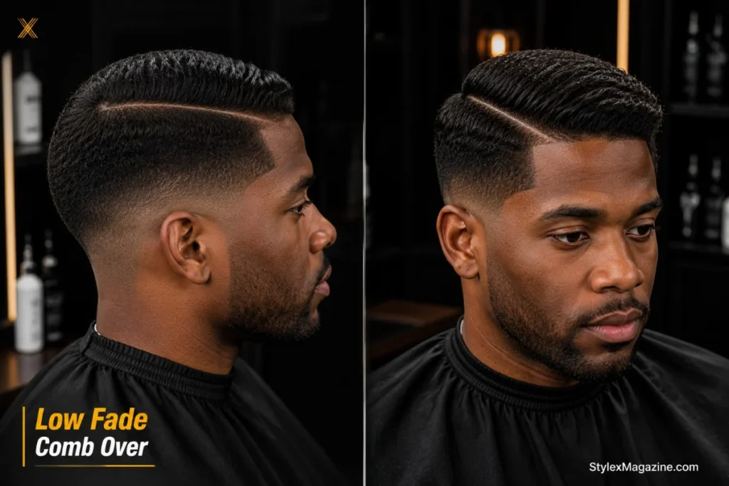  Low fade comb over showing subtle fade line just above the ear with full sides and natural side part