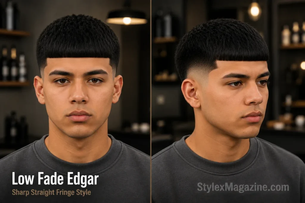 Low fade Edgar haircut with a blunt straight fringe, thick dark hair on top, and clean low fade sides shown in front and three-quarter views.