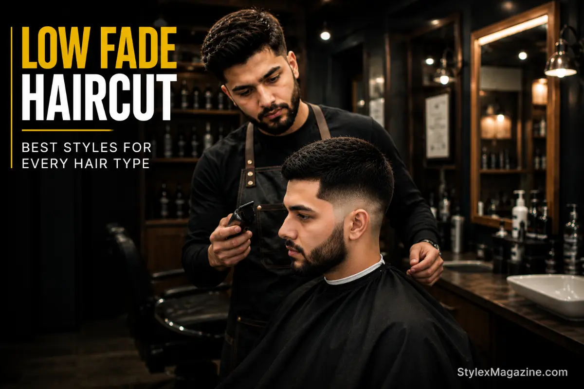 Professional barber giving a low fade haircut to a client in a barbershop, showcasing the low fade style