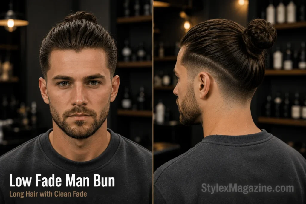 Low fade man bun haircut with long dark hair tied into a neat bun, clean faded sides, and rear three-quarter view showing bun placement.