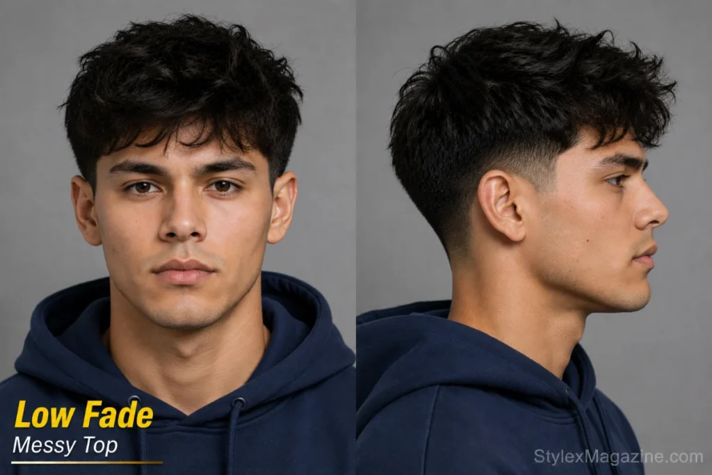  Low fade with messy top on heart face showing full sides at jaw level with loose textured top
