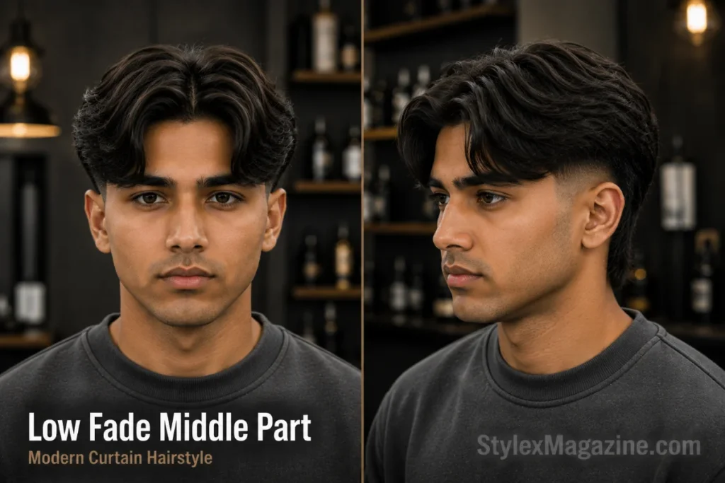 Low fade middle part haircut with medium-length wavy curtain hair, defined center part, and clean faded sides shown in front and three-quarter views.