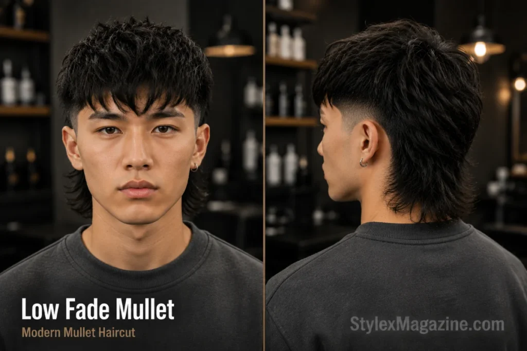 Low fade mullet haircut with a textured top, clean low fade sides, and longer layered hair at the back shown from front and rear three-quarter views.