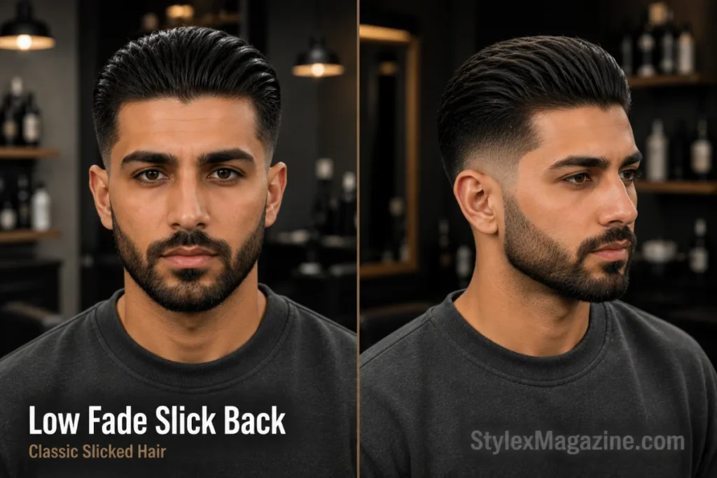 Low fade slick back haircut with dark hair combed smoothly backward, clean fade sides, and a polished finish shown in front and three-quarter views.