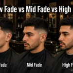 Low fade vs mid fade vs high fade featured image showing three men side by side with clearly different fade heights
