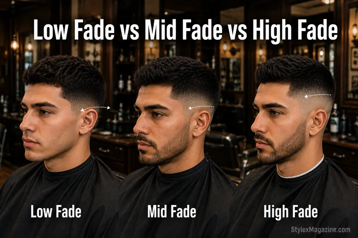 Low fade vs mid fade vs high fade featured image showing three men side by side with clearly different fade heights