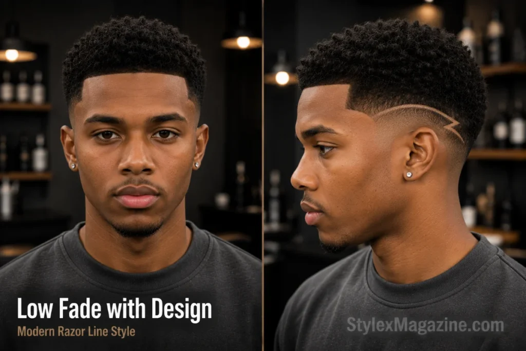 Low fade haircut with a razor line design, textured coily hair on top, and sharp fade blending shown in front and close side views.