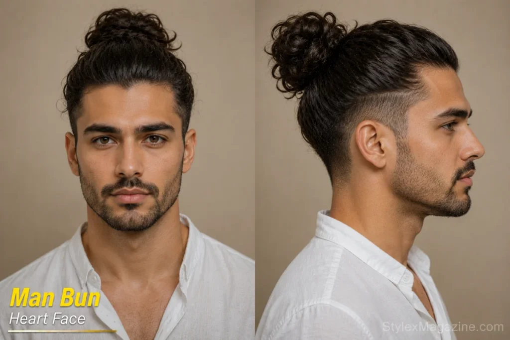 Man bun on heart face showing tied volume at crown above face level with undercut sides