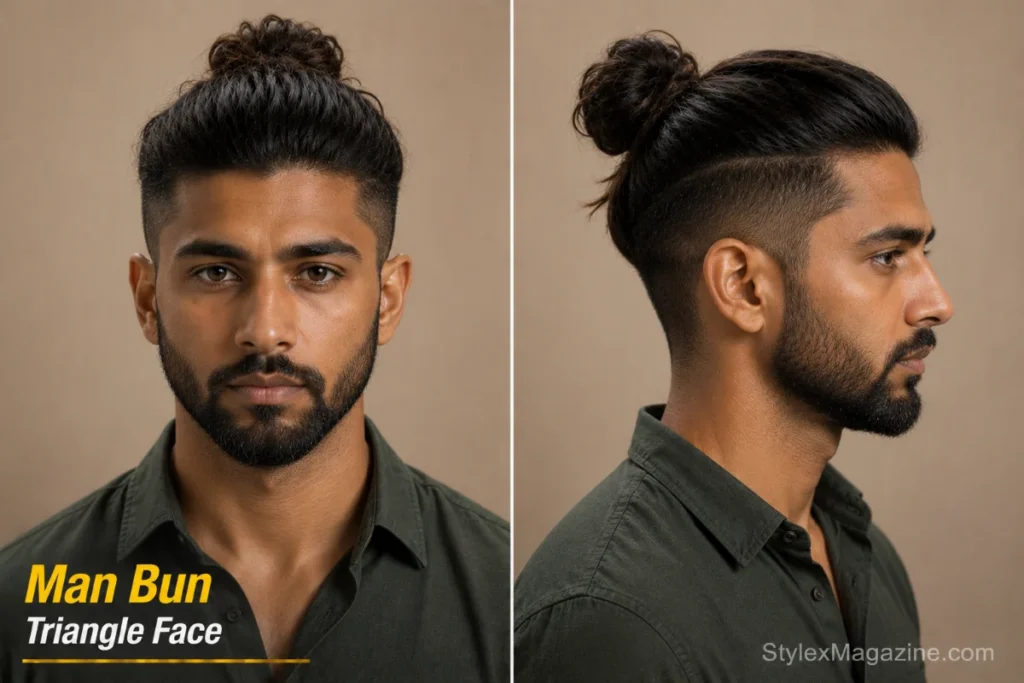 Man bun on triangle face showing tied crown volume above face level with undercut sides slimming jaw