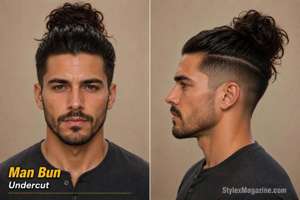 Man bun with undercut on diamond face showing tied volume above cheekbone level with clean undercut sides