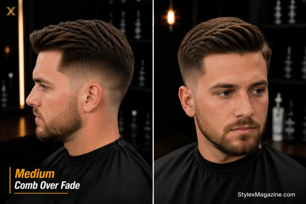 Medium comb over fade at 2 to 3 inches on top showing balanced length and natural direction