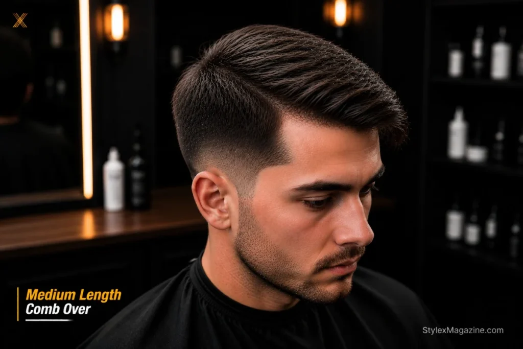 Medium comb over at 2 to 3 inches on top showing balanced length with natural direction