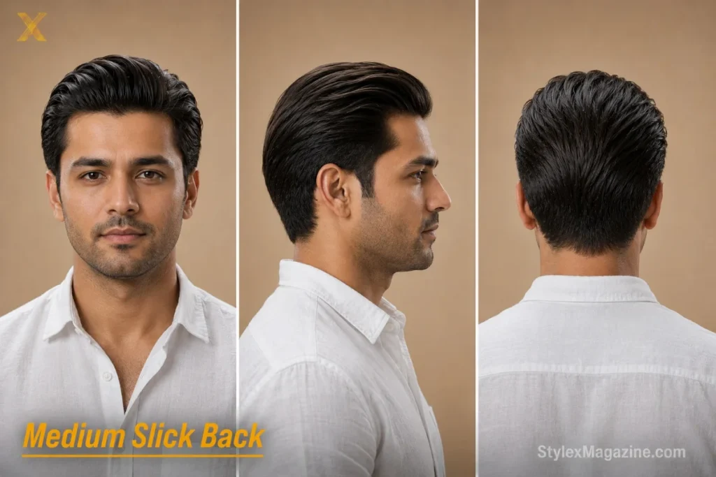 Medium slick back on an Indian man with oval face, 3–4 inches on top, light taper sides, everyday finish