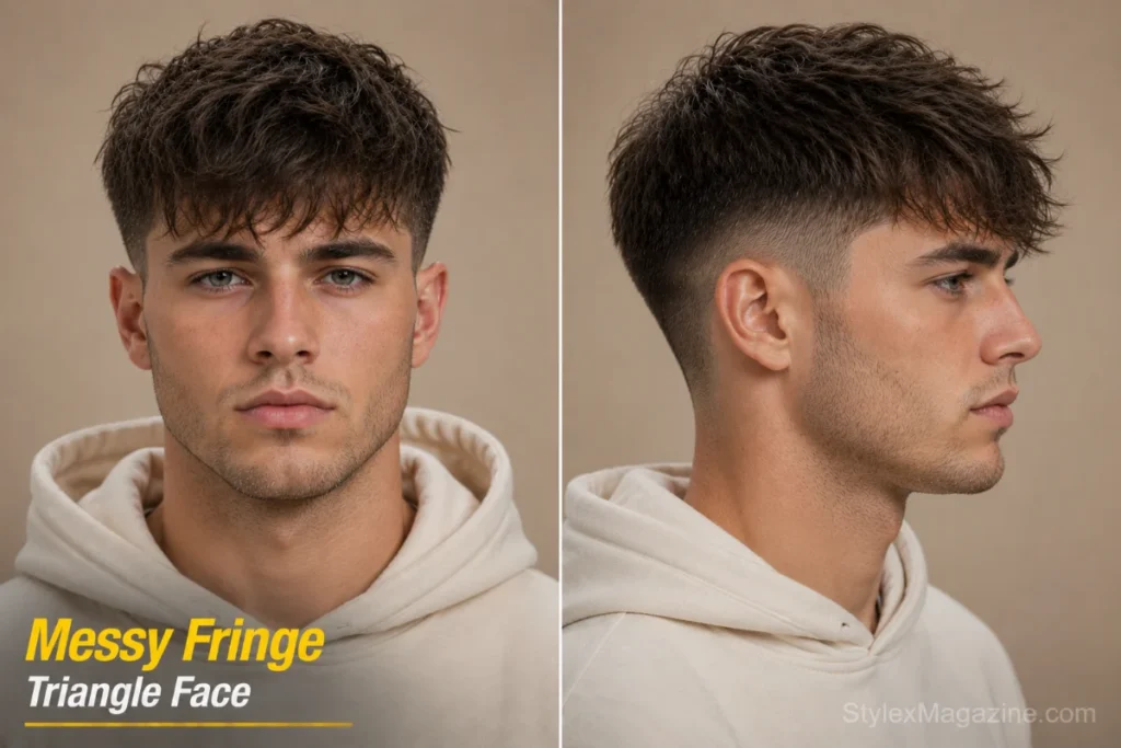 Messy fringe on triangle face showing loose forward texture creating focal point at narrow forehead