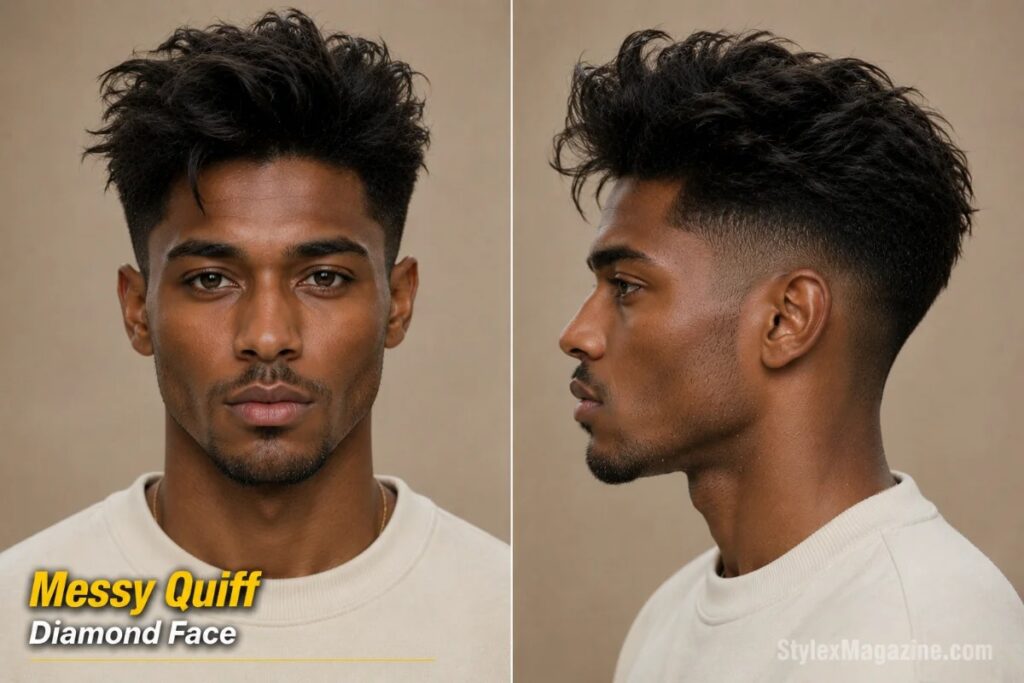 Messy quiff on diamond face showing loose undone volume at front with lived-in texture and mid fade