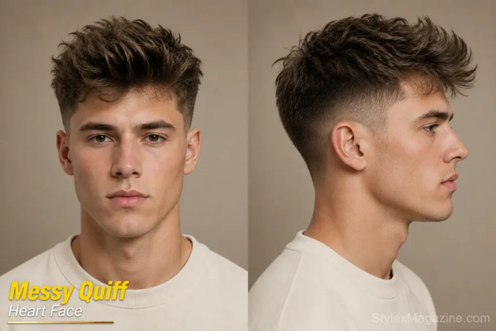  Messy quiff on heart face showing loose undone forward volume with mid fade and matte finish