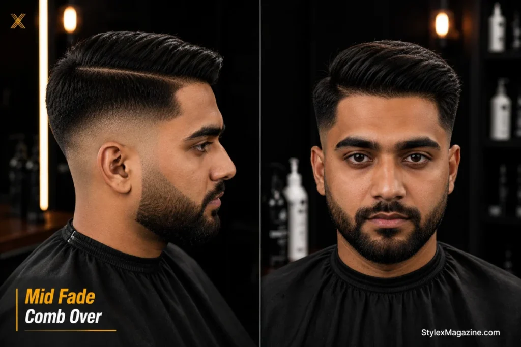 Mid fade comb over with fade starting at temple level showing balanced contrast and clean side part