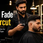 Mid fade haircut featured image showing professional barber working on a client with mid fade haircut in a barbershop
