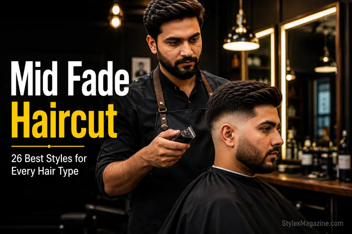 Mid fade haircut featured image showing professional barber working on a client with mid fade haircut in a barbershop